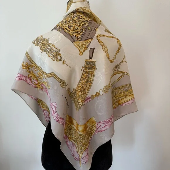 Authentic Lancel Silk Scarf with Gold and Pink Design - Picture 8 of 11